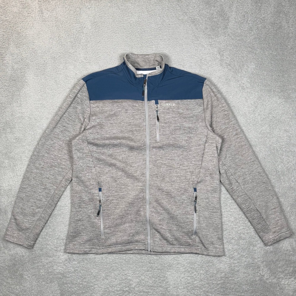 Orvis Mens Full Zip Fleece Jacket Gray Navy Blue Contrast Yoke Large Outdoor